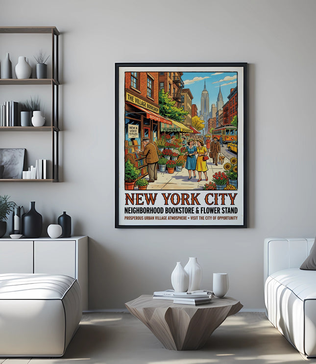 New York City neighborhood bookstore and flower stand poster with city skyline.