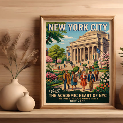 Vintage "New York City" poster of University Library and campus scene.