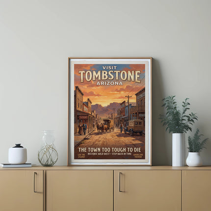 Visit Tombstone Arizona poster featuring a western street scene with text.