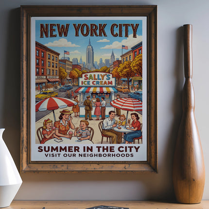 Vintage "Sally's Ice Cream" poster for New York City summer neighborhoods.