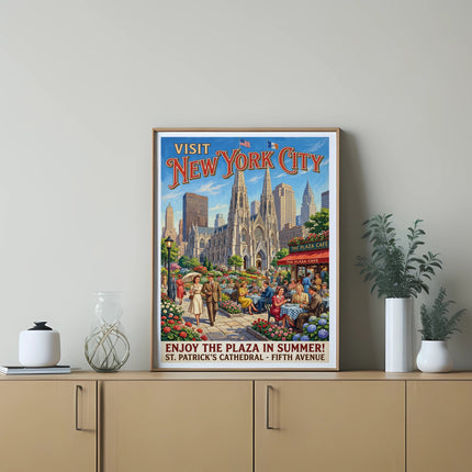 Vintage poster of New York City with St. Patrick's Cathedral and The Plaza Cafe.