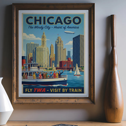 Chicago travel poster featuring cityscape, train, and boat with text.