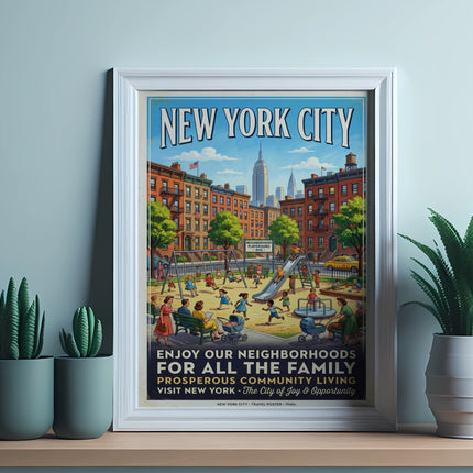 New York City travel poster from the 1940s depicting a vibrant neighborhood playground.