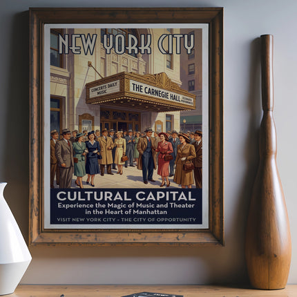 New York City Cultural Capital poster for Carnegie Hall with people and text.