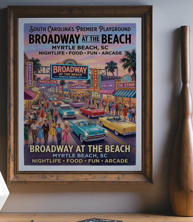 Retro poster for Broadway at the Beach, Myrtle Beach, South Carolina, with vintage cars and people.