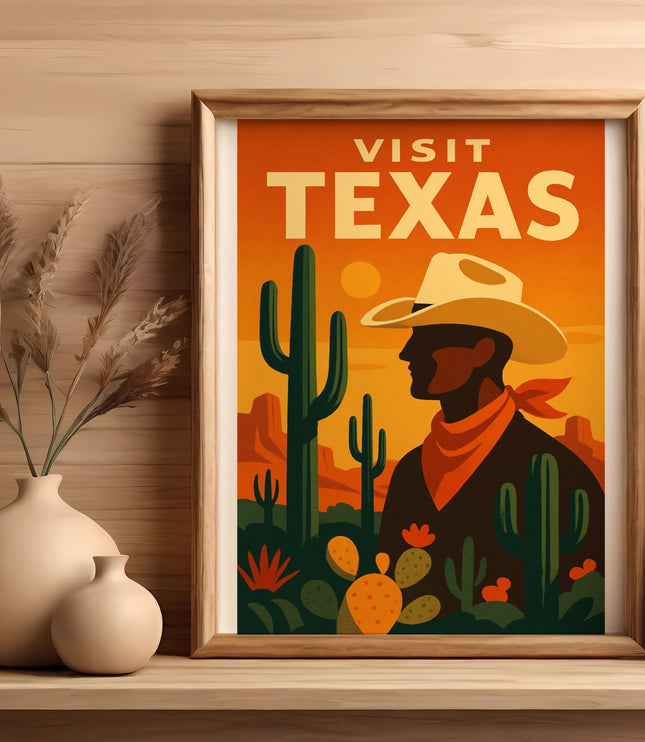 Visit Texas framed poster featuring a cowboy, cacti, and desert landscape.