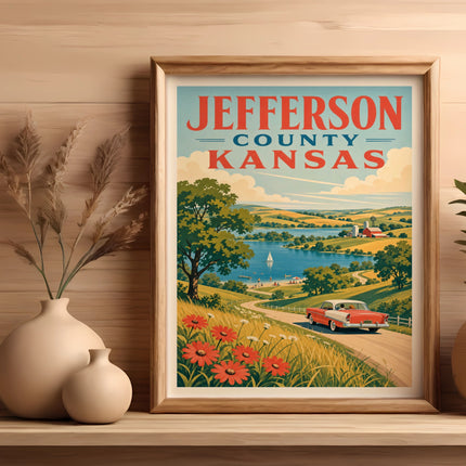 Vintage travel poster of Jefferson County, Wisconsin with lake and car.