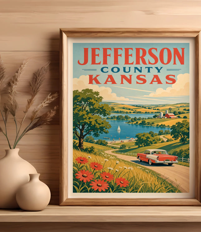 Vintage travel poster of Jefferson County, Wisconsin with lake and car.