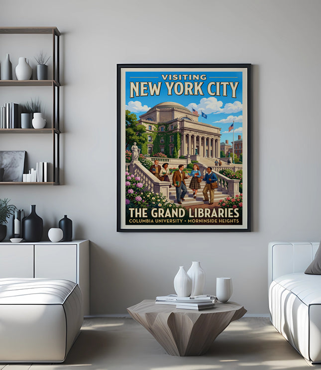 Vintage "Visiting New York City The Grand Libraries" poster at Columbia University.
