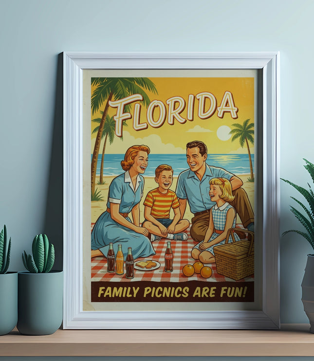 Vintage Florida family picnic poster with beach and palm trees, text "FAMILY PICNICS ARE FUN!"