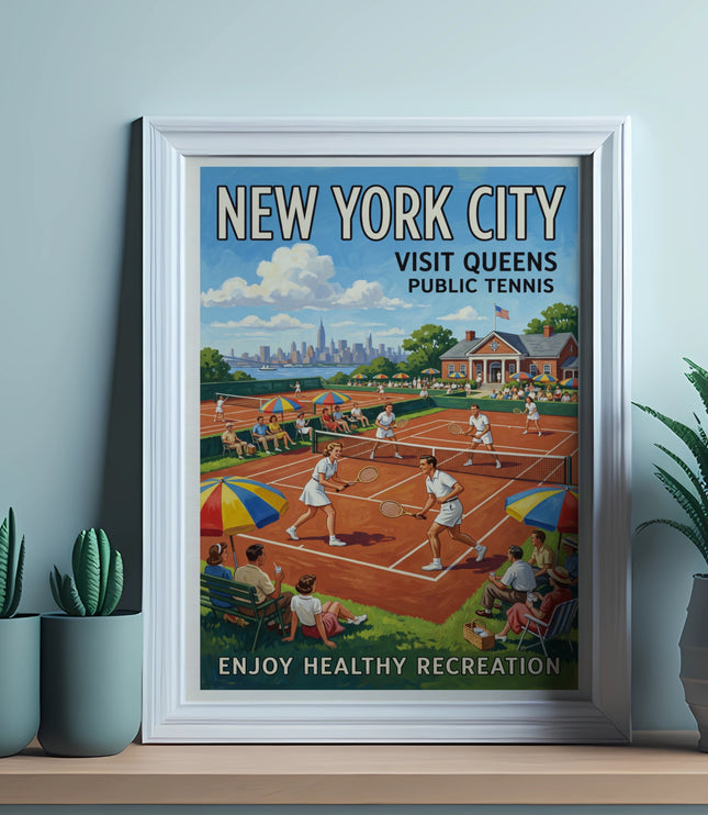 New York City vintage poster depicting tennis in Queens with skyline background.