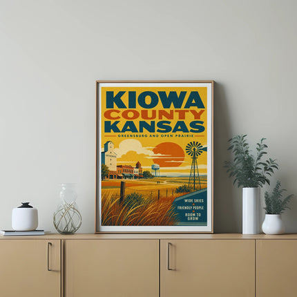 Kiowa County Kansas travel poster with text "Wide Skies Friendly People Room to Grow".