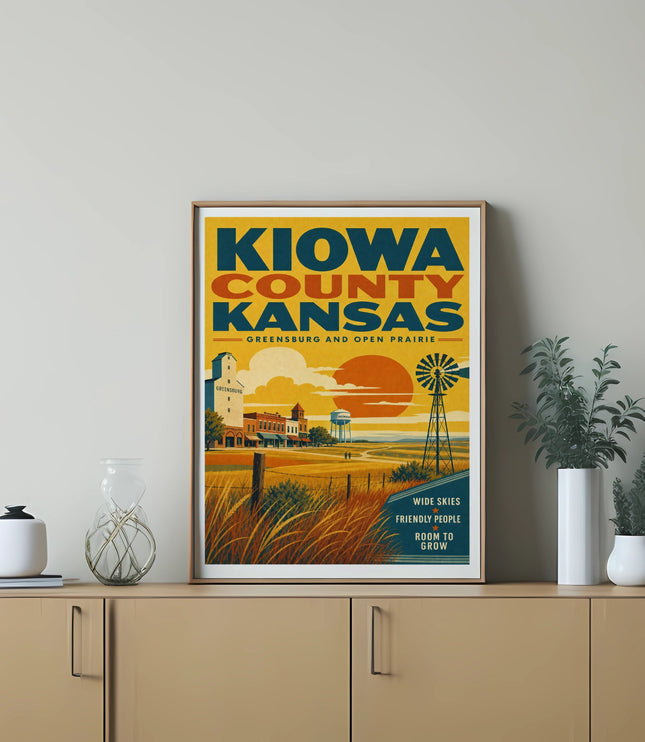 Kiowa County Kansas travel poster with text "Wide Skies Friendly People Room to Grow".
