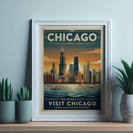 Framed poster of Chicago skyline at sunset with text "Visit Chicago Lake Michigan Sunset".