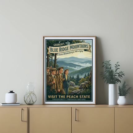 Georgia's Blue Ridge Mountains vintage travel poster with scenic view.