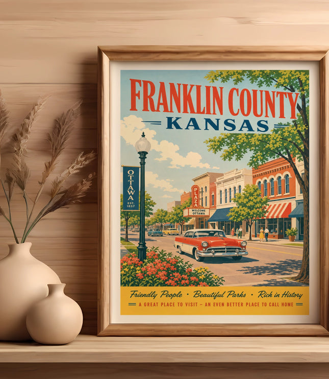 Franklin County, Kansas travel poster featuring Ottawa street scene and vintage car.