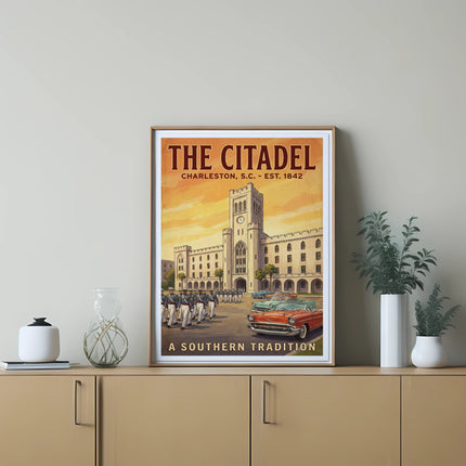 Poster of The Citadel in Charleston, SC, with cadets and classic cars.