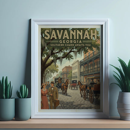 Savannah Georgia Southern Charm awaits you vintage travel poster.