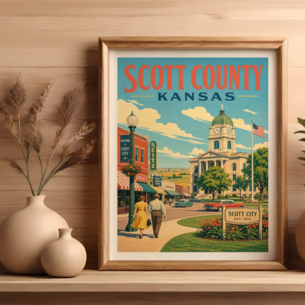 Scott County, Kansas vintage travel poster showing Scott City's main street.