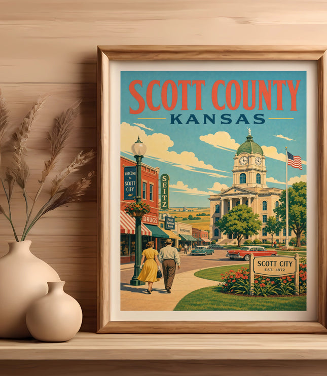 Scott County, Kansas vintage travel poster showing Scott City's main street.