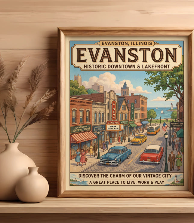 Vintage poster of Evanston, Illinois, featuring historic downtown and lakefront.