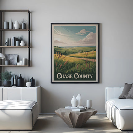 Chase County poster displaying rolling hills and fields, framed and hung above a modern sofa.