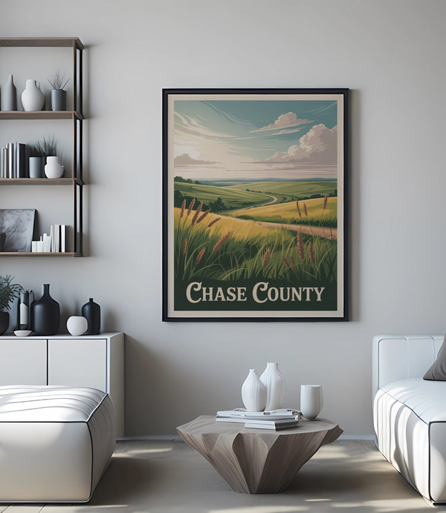 Chase County poster displaying rolling hills and fields, framed and hung above a modern sofa.