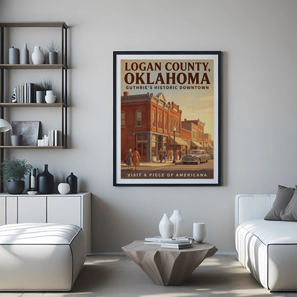 Framed poster of Logan County, Oklahoma historic downtown with people and car.