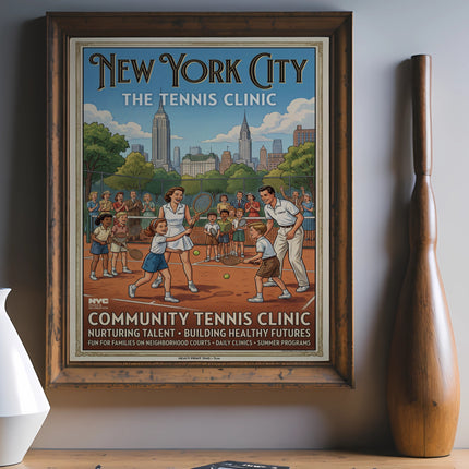 Vintage New York City tennis clinic poster with families playing tennis.