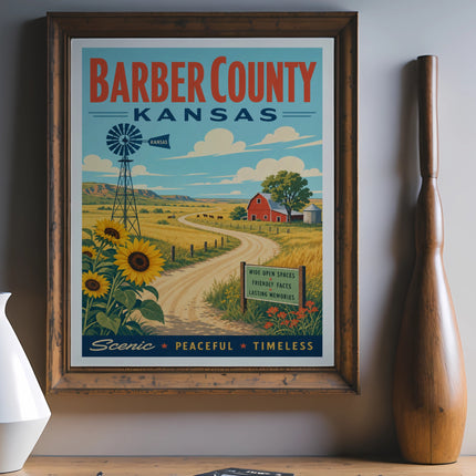 Barber County Kansas poster with windmill, sunflowers, barn, and scenic countryside.