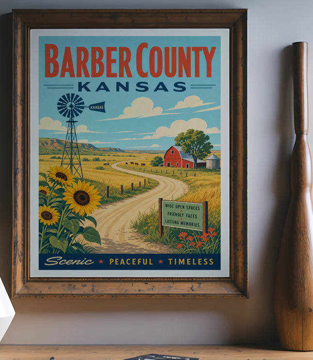 Barber County Kansas poster with windmill, sunflowers, barn, and scenic countryside.
