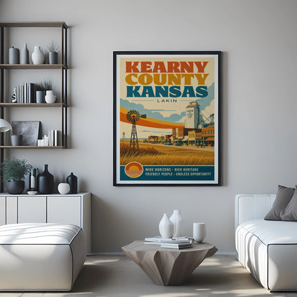 Kearny County Kansas Lakin poster with town illustration and text.