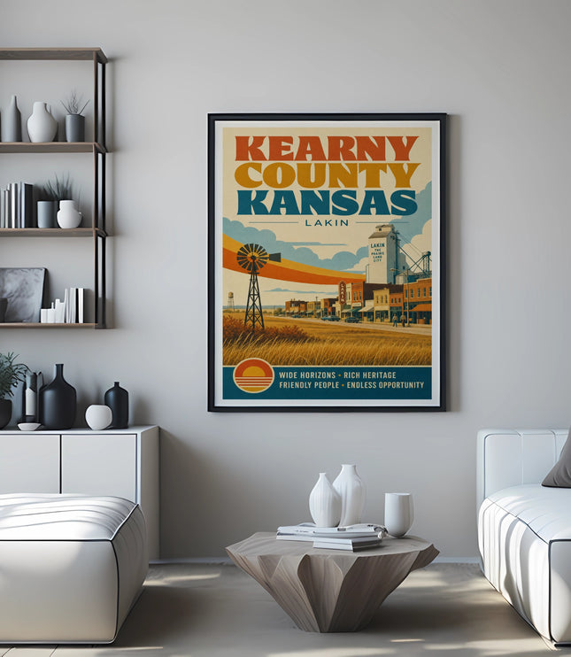 Kearny County Kansas Lakin poster with town illustration and text.