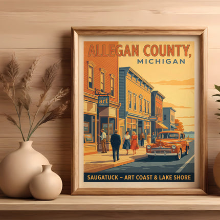 Allegan County, Michigan poster shows Saugatuck Art Coast & Lake Shore scene.