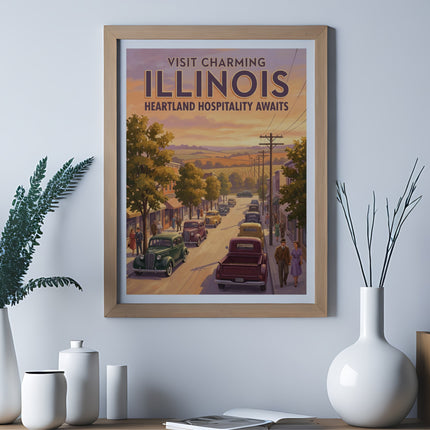 Retro travel poster for Illinois, showing a street scene with cars.