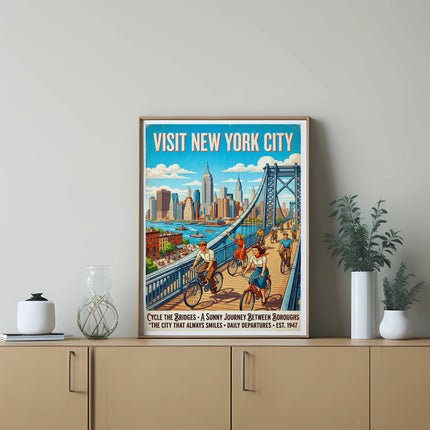 Vintage poster of cyclists on Brooklyn Bridge, "Visit New York City" text.