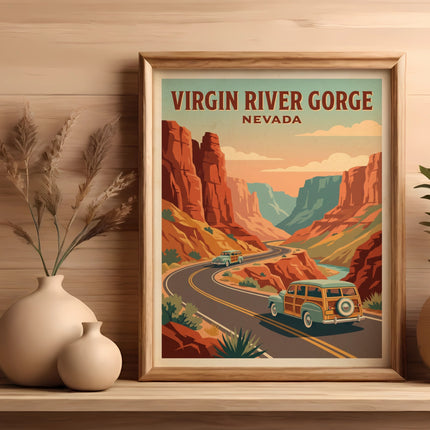 Vintage poster of Virgin River Gorge, Nevada with two station wagons on a winding road.