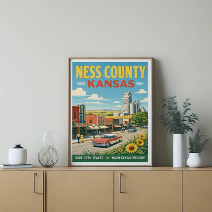 Ness County Kansas vintage travel poster with car and sunflowers.