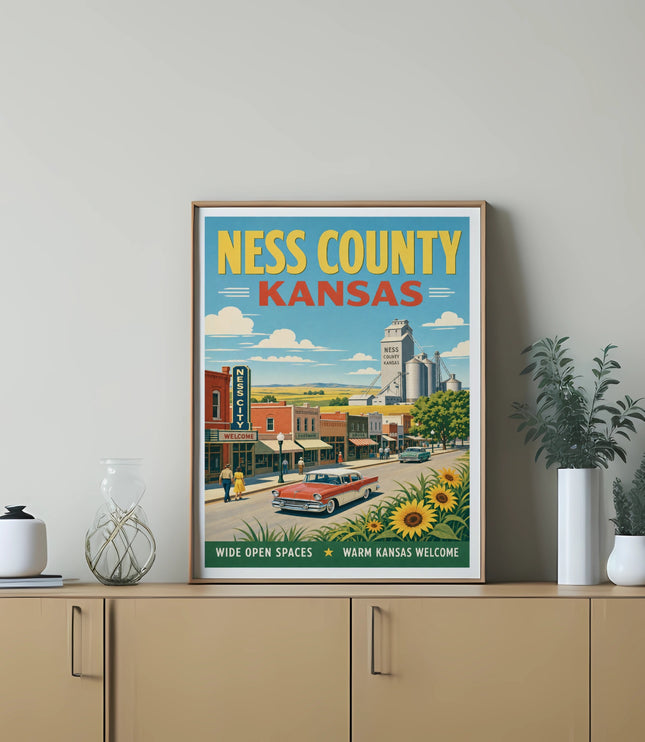 Ness County Kansas vintage travel poster with car and sunflowers.