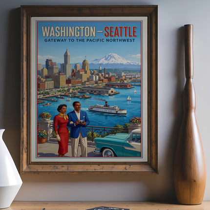Vintage poster showing Seattle skyline with text "Washington - Seattle Gateway to the Pacific Northwest".