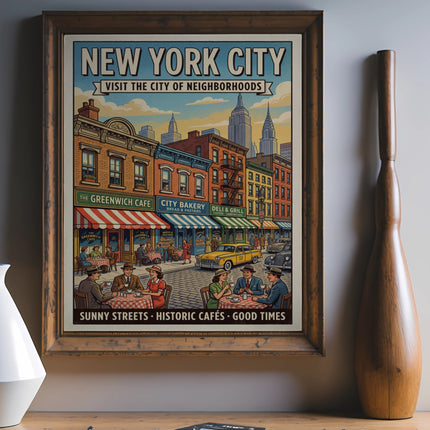 New York City vintage travel poster with "The Greenwich Cafe" and street scene.