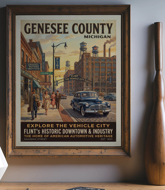 Genesee County, Michigan vintage travel poster featuring Flint's historic downtown.