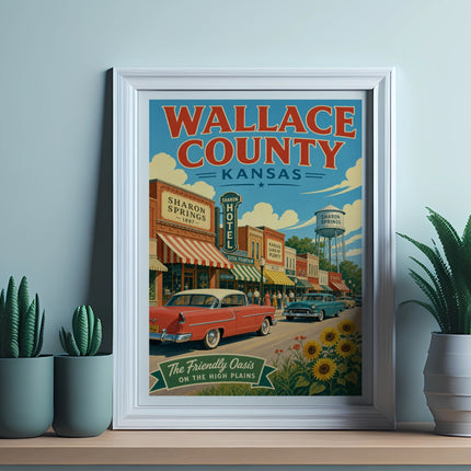 Vintage poster for Wallace County, Kansas, featuring Sharon Springs.