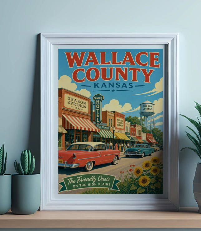 Vintage poster for Wallace County, Kansas, featuring Sharon Springs.