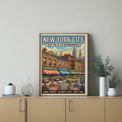 New York City poster with "Visit the City of Neighborhoods" and street scene.
