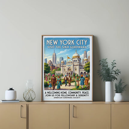 New York City Sikh Gurdwara poster with cityscape and people.