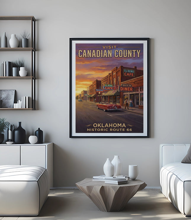 Poster of Canadian County Oklahoma Historic Route 66 with El Reno Cafe.
