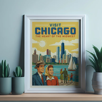 Vintage poster of Chicago skyline with couple and sailboat.