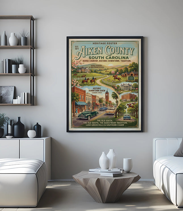 Aiken County, South Carolina heritage poster featuring horse country and historic downtown.