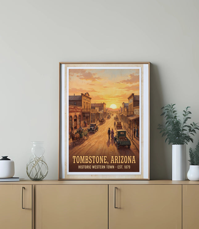 Vintage poster of Tombstone, Arizona, historic western town at sunset.